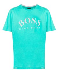 Мужская бирюзовая футболка с круглым вырезом с принтом от BOSS