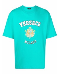 Мужская бирюзовая футболка с круглым вырезом с принтом от Versace