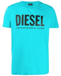 Мужская бирюзовая футболка с круглым вырезом с принтом от Diesel