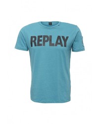 Мужская бирюзовая футболка с круглым вырезом с принтом от Replay
