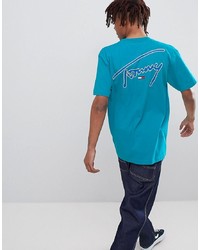 Мужская бирюзовая футболка с круглым вырезом с принтом от Tommy Jeans