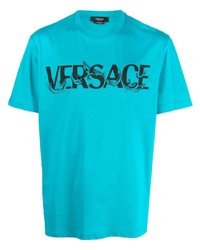Мужская бирюзовая футболка с круглым вырезом с принтом от Versace
