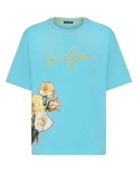 Мужская бирюзовая футболка с круглым вырезом с цветочным принтом от Dolce & Gabbana