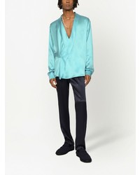 Мужская бирюзовая шелковая рубашка с длинным рукавом от Dolce & Gabbana