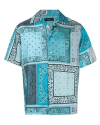 Мужская бирюзовая шелковая рубашка с коротким рукавом с "огурцами" от Amiri