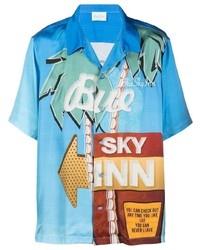 Мужская бирюзовая шелковая рубашка с коротким рукавом с принтом от BLUE SKY INN