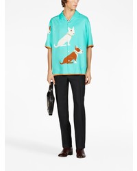 Мужская бирюзовая шелковая рубашка с коротким рукавом с принтом от Gucci