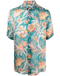 Бирюзовая шелковая рубашка с коротким рукавом с цветочным принтом