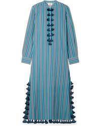 Бирюзовое платье-миди в вертикальную полоску