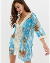 Бирюзовое пляжное платье c принтом тай-дай