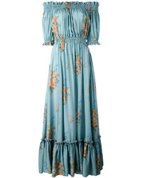 Бирюзовое шелковое платье с открытыми плечами