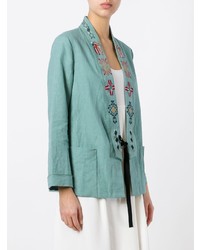 Женский бирюзовый льняной пиджак с вышивкой от Forte Forte