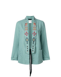 Женский бирюзовый льняной пиджак с вышивкой от Forte Forte