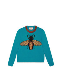 Женский бирюзовый свитер с круглым вырезом с принтом от Gucci