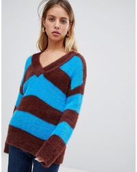 Бирюзовый свободный свитер в горизонтальную полоску