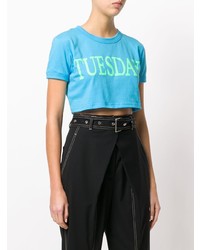 Бирюзовый укороченный топ с принтом от Alberta Ferretti