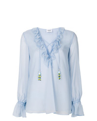 Голубая блузка с длинным рукавом с рюшами от Dondup