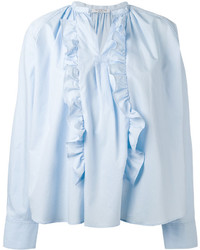 Голубая блузка с длинным рукавом с рюшами