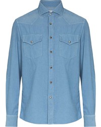 Мужская голубая вельветовая рубашка с длинным рукавом от Brunello Cucinelli