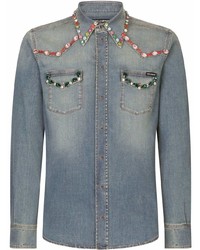 Мужская голубая джинсовая рубашка с вышивкой от Dolce & Gabbana