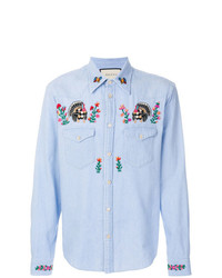 Мужская голубая джинсовая рубашка с цветочным принтом от Gucci