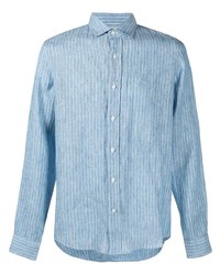 Мужская голубая льняная рубашка с длинным рукавом в вертикальную полоску от Brunello Cucinelli