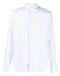 Мужская голубая льняная рубашка с длинным рукавом в вертикальную полоску от Deperlu
