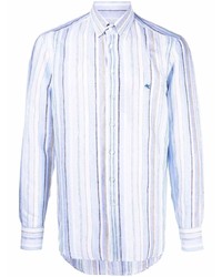 Мужская голубая льняная рубашка с длинным рукавом в вертикальную полоску от Etro
