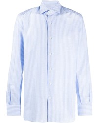 Мужская голубая льняная рубашка с длинным рукавом в вертикальную полоску от Mazzarelli