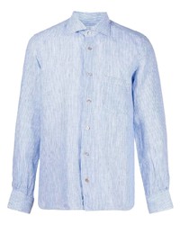 Мужская голубая льняная рубашка с длинным рукавом в вертикальную полоску от Mazzarelli