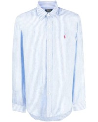 Мужская голубая льняная рубашка с длинным рукавом в вертикальную полоску от Polo Ralph Lauren