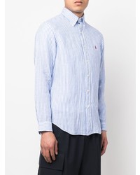Мужская голубая льняная рубашка с длинным рукавом в вертикальную полоску от Polo Ralph Lauren