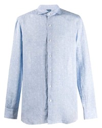 Голубая льняная рубашка с длинным рукавом в горошек