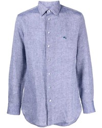 Мужская голубая льняная рубашка с длинным рукавом с вышивкой от Etro