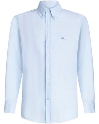 Мужская голубая льняная рубашка с длинным рукавом с вышивкой от Etro