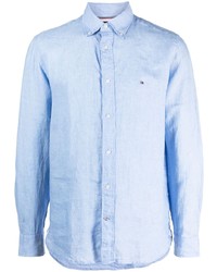 Мужская голубая льняная рубашка с длинным рукавом с вышивкой от Tommy Hilfiger