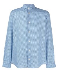 Голубая льняная рубашка с длинным рукавом с геометрическим рисунком