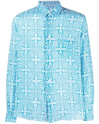 Мужская голубая льняная рубашка с длинным рукавом с геометрическим рисунком от PENINSULA SWIMWEA