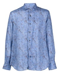 Мужская голубая льняная рубашка с длинным рукавом с принтом от Corneliani