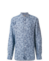 Голубая льняная рубашка с длинным рукавом с цветочным принтом