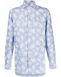 Мужская голубая льняная рубашка с длинным рукавом с цветочным принтом от Barba