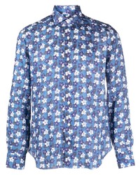Мужская голубая льняная рубашка с длинным рукавом с цветочным принтом от Barba