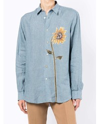 Мужская голубая льняная рубашка с длинным рукавом с цветочным принтом от Paul Smith