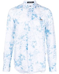 Мужская голубая льняная рубашка с длинным рукавом с цветочным принтом от Philipp Plein