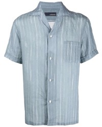 Мужская голубая льняная рубашка с коротким рукавом в вертикальную полоску от Lardini