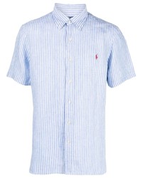 Мужская голубая льняная рубашка с коротким рукавом в вертикальную полоску от Polo Ralph Lauren