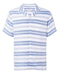 Голубая льняная рубашка с коротким рукавом в горизонтальную полоску