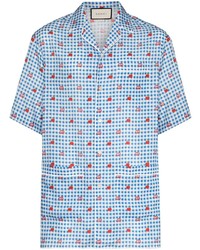 Мужская голубая льняная рубашка с коротким рукавом в мелкую клетку от Gucci