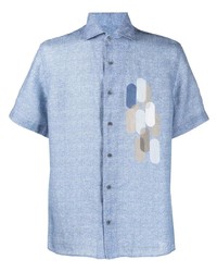 Мужская голубая льняная рубашка с коротким рукавом с принтом от Corneliani