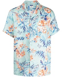Мужская голубая льняная рубашка с коротким рукавом с цветочным принтом от Etro